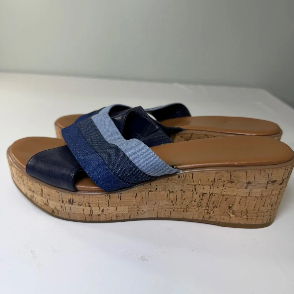 Nine West Xach Aryo Blue Denim Cork Wedge Platform Sandals Womens‎ 8M